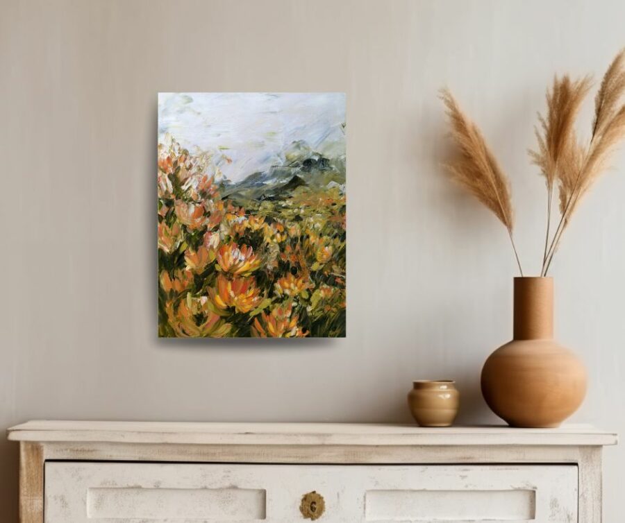 Impressionst, impasto landscape painting of protea