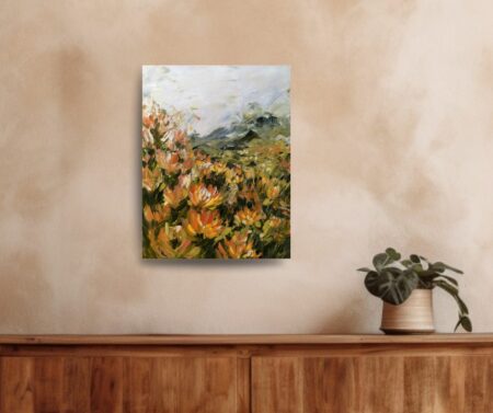 Impressionist, impasto ladnscape painting with protea