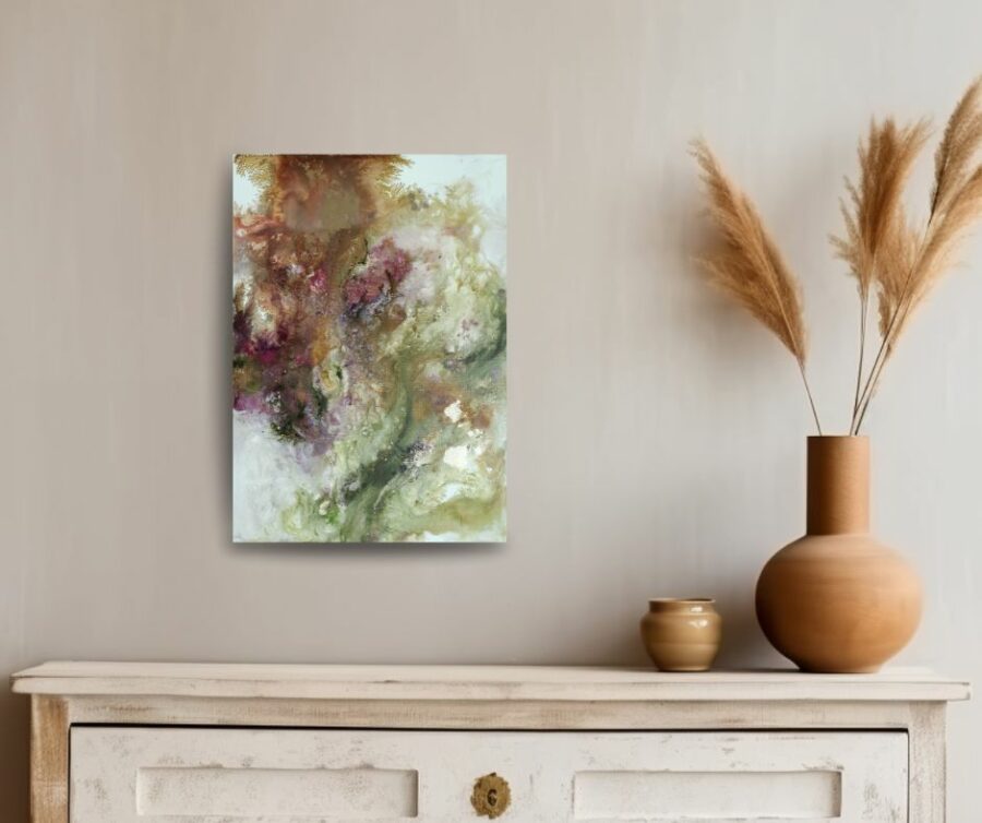 abstract green pink and gold painting