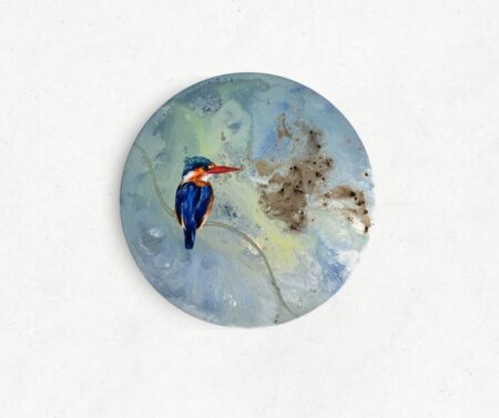 bird painting of a malachiote kingfisher on a blue green and brown abstract background with a metallic green branch