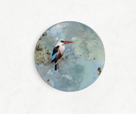 bird painting of a malachiote kingfisher on a blue green and brown abstract background with a metallic green branch