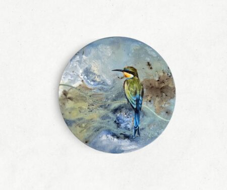 bird painting of a malachiote kingfisher on a blue green and brown abstract background with a metallic green branch